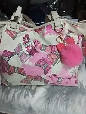 Pink Floral-Pattern Tote with Pom Pom Charm